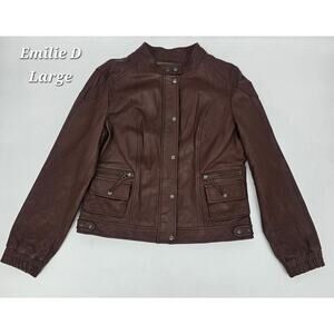 Emilie d Genuine Leather Jacket Brown Moto Zip Snap Womens Large